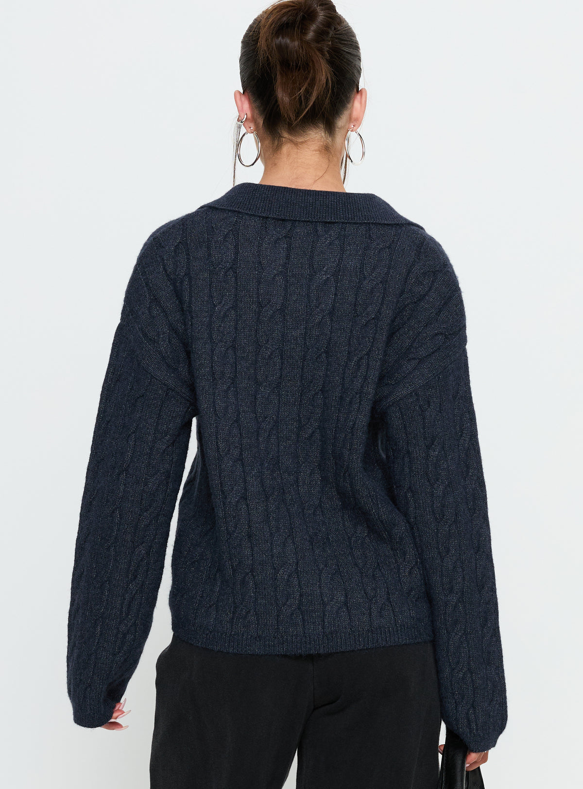back view of model wearing Princess Polly Brodey Collared Cable Knit Sweater Navy Jumpers 