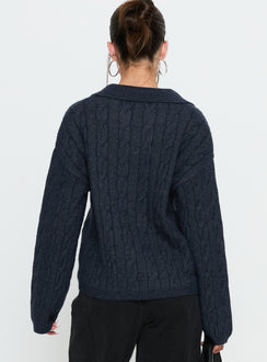back view of model wearing Princess Polly Brodey Collared Cable Knit Sweater Navy Jumpers 