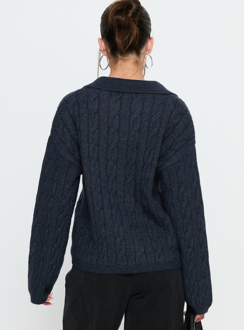 back view of model wearing Princess Polly Brodey Collared Cable Knit Sweater Navy Jumpers 