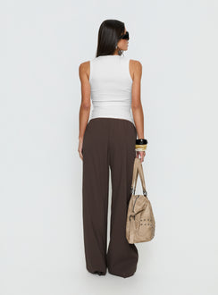 Highlighting the Lunea Concealed Waistband Pants Brown womens-regular-pants with mid-rise back view of model wearing Princess Polly