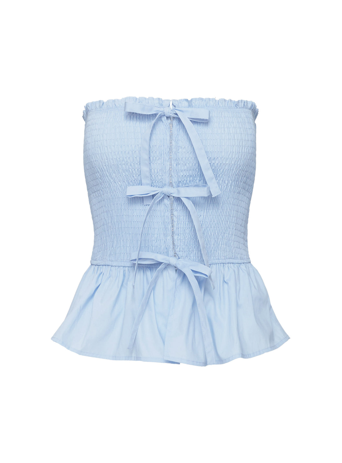 back view of model wearing Princess Polly Jaymie Strapless Bow Top Blue Sleeveless straight 