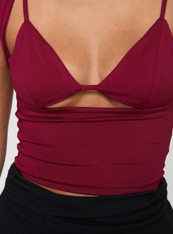 back view of model wearing Princess Polly Bolden Top Burgundy Short Sleeves V-Neck 