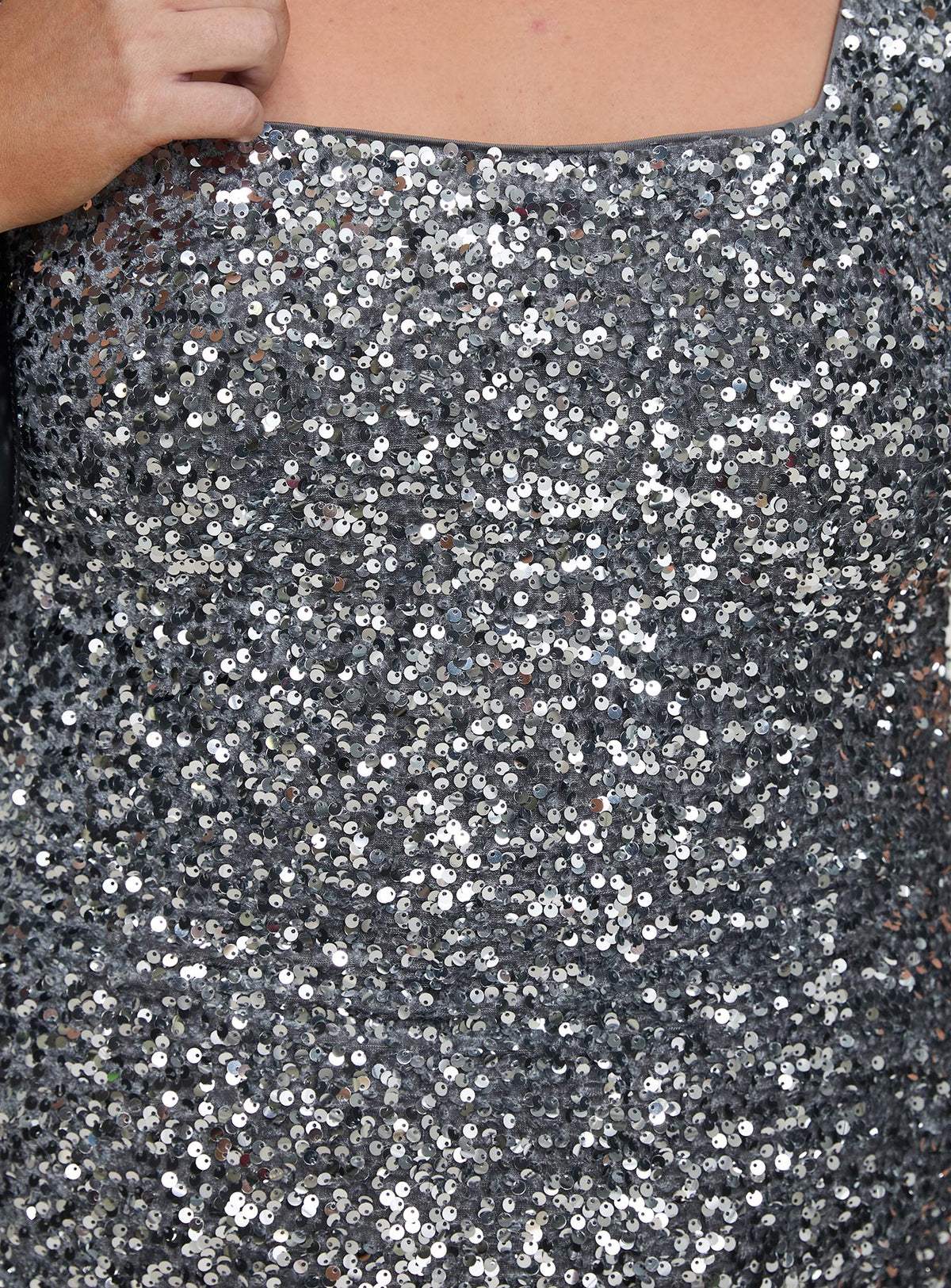 back view of model wearing Princess Polly Miss Me Sequin Mini Dress Silver Curve Square Neck 