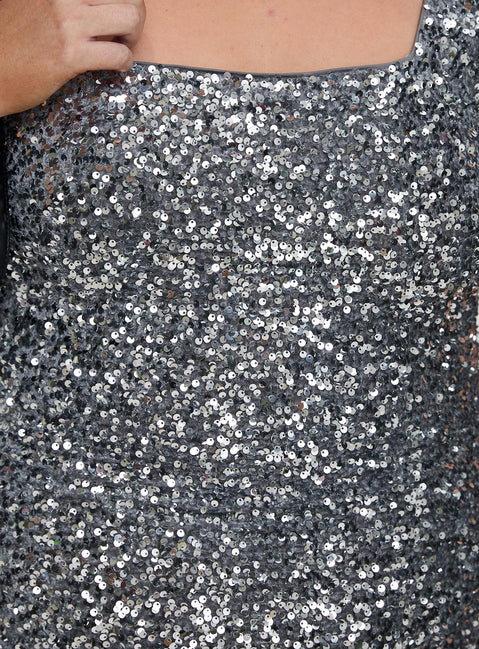 back view of model wearing Princess Polly Miss Me Sequin Mini Dress Silver Curve Square Neck 