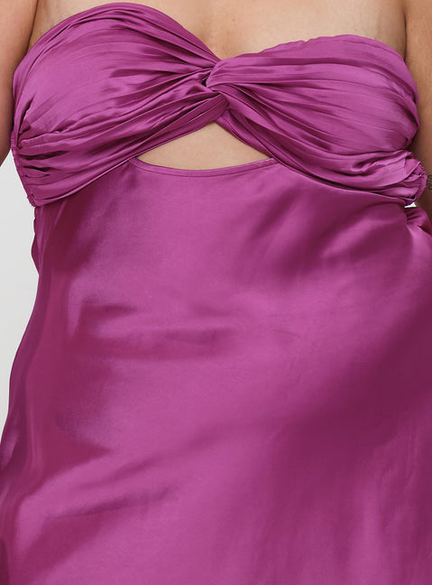 back view of model wearing Princess Polly Faviola Mini Dress Purple Curve Sweetheart Neckline 