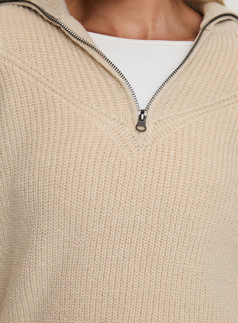back view of model wearing Princess Polly Fireheart Zip Through Knit Sweater Beige Cropped Jumpers Jumpers 