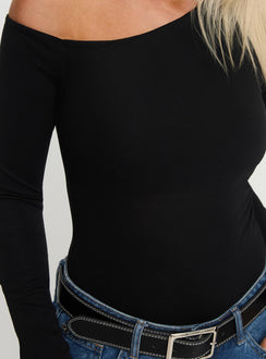 back view of model wearing Princess Polly Miyako Long Sleeve Bodysuit Black Long Sleeve Tops Bodysuit 