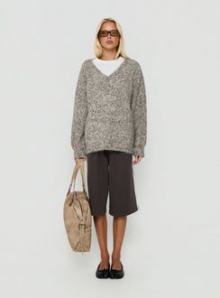 Presenting the Ladiya V Neck Knit Sweater Brown Speckle womens-jumpers in long oversized fit on-body view of model wearing Princess Polly