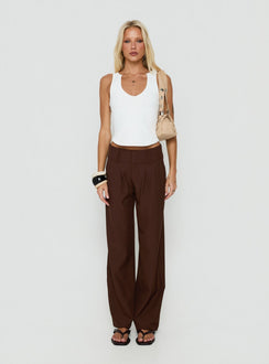 Presenting the Two Lovers Low Rise Pants Chocolate in womens regular pants with belt and wide-leg fit on-body view of model wearing