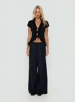 Designed with Yuzima Micro Belt Pleated Pants Navy Pinstripe in womens regular pants with mid-rise on-body view of model wearing Princess Polly