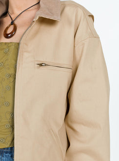 Jacket Corduroy classic collar Brass toned hardware Zip front fastening Twin hip pockets Snap button closure along cuffs Plaid lining