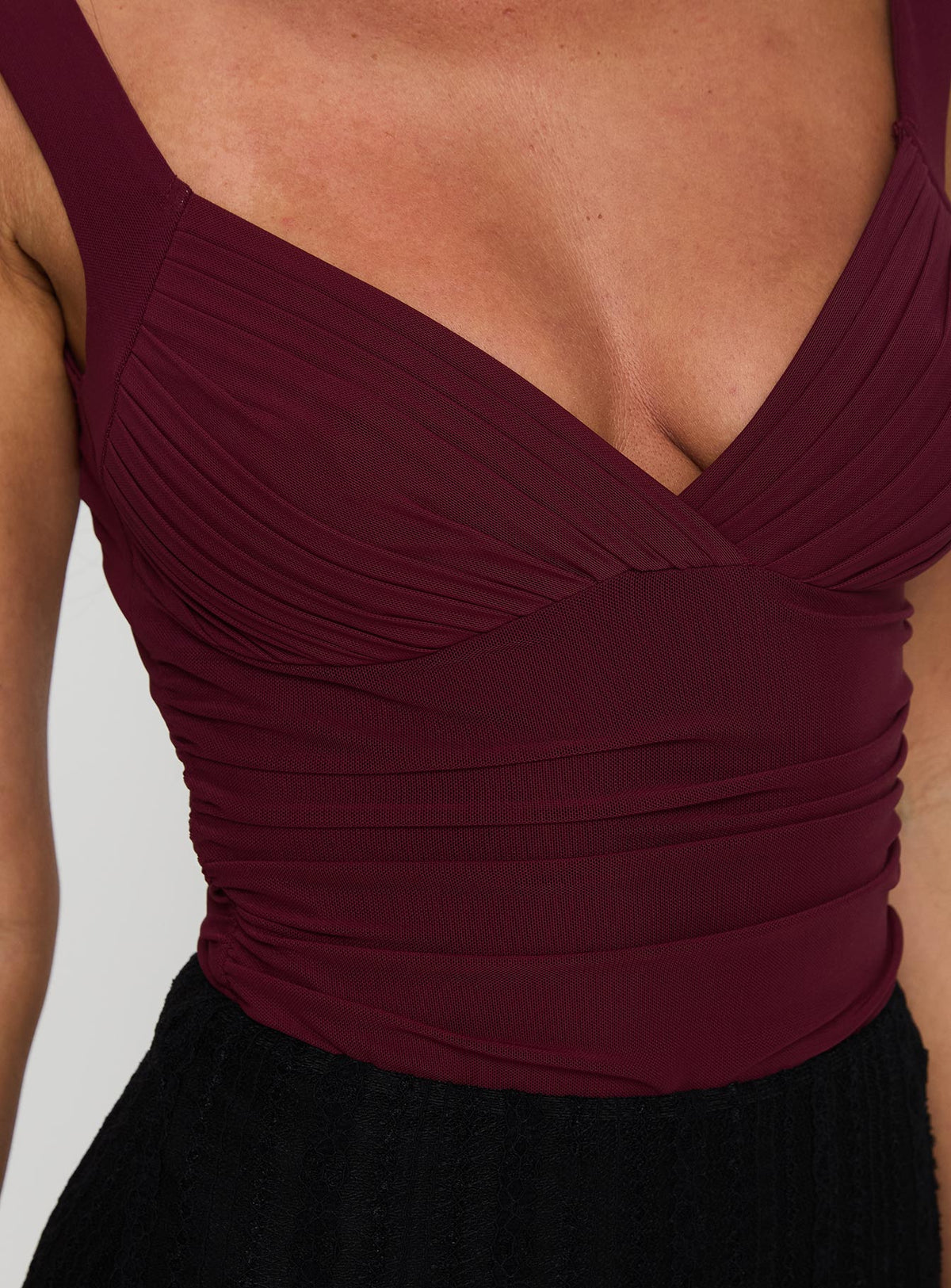 back view of model wearing Princess Polly Morgane Mesh Bodysuit Burgundy Sleeveless Bodysuit 