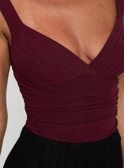back view of model wearing Princess Polly Morgane Mesh Bodysuit Burgundy Sleeveless Bodysuit 