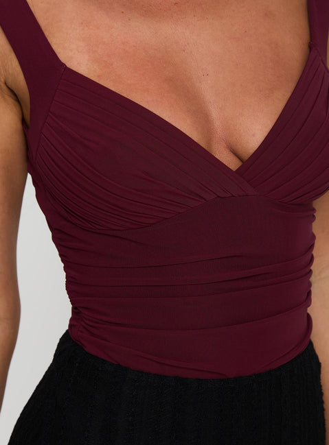 back view of model wearing Princess Polly Morgane Mesh Bodysuit Burgundy Sleeveless Bodysuit 