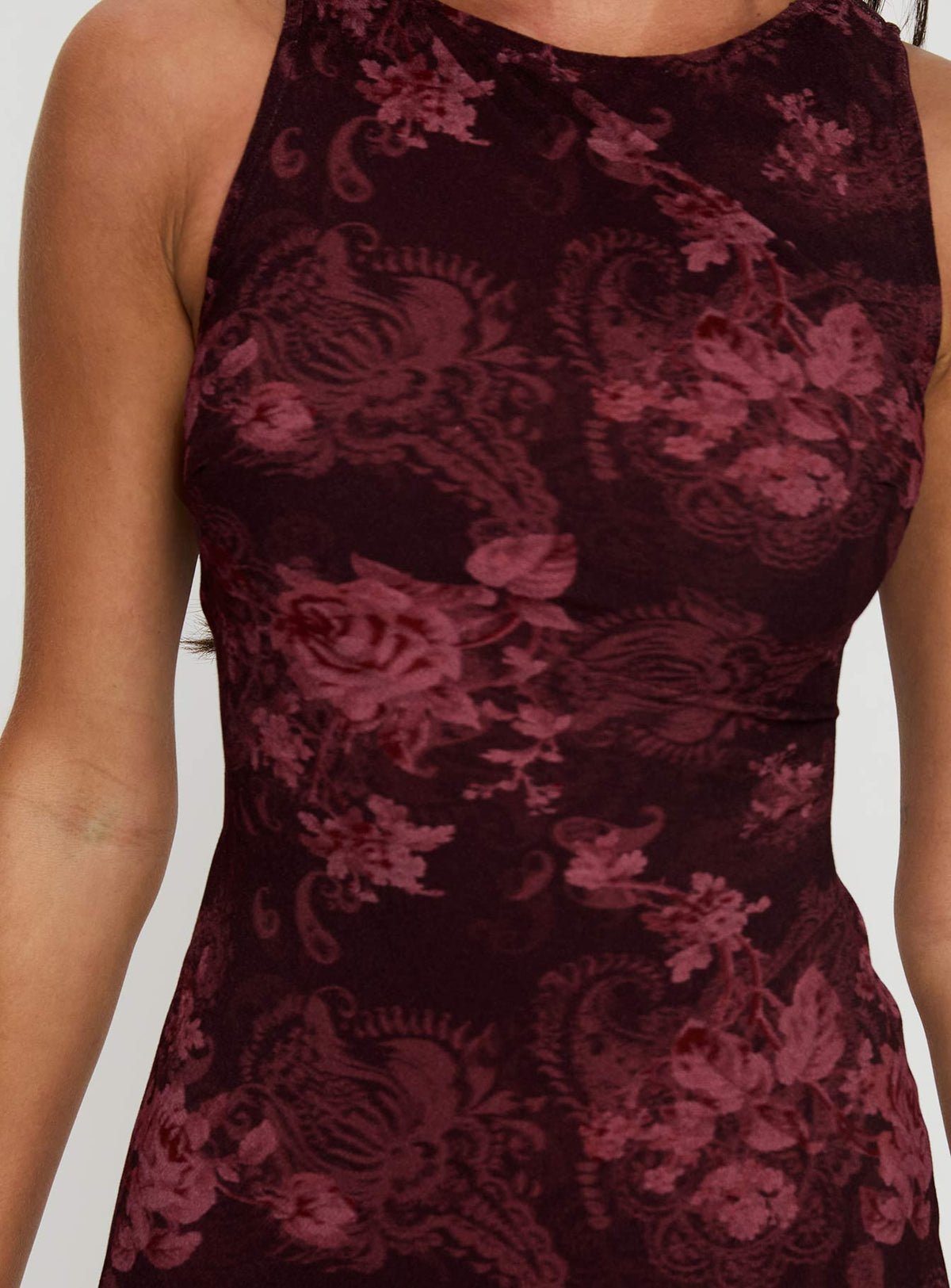 back view of model wearing Princess Polly Vivre Mini Dress Burgundy Paisley Tall High Neck 