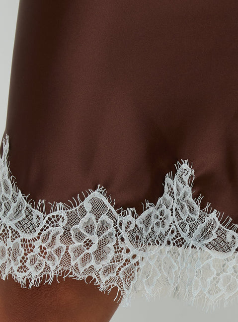 Highlighting intricate craftsmanship, Miriza Lace Trim Midi Skirt Chocolate / Blue womens-skirts with delicate hem detailing Princess Polly