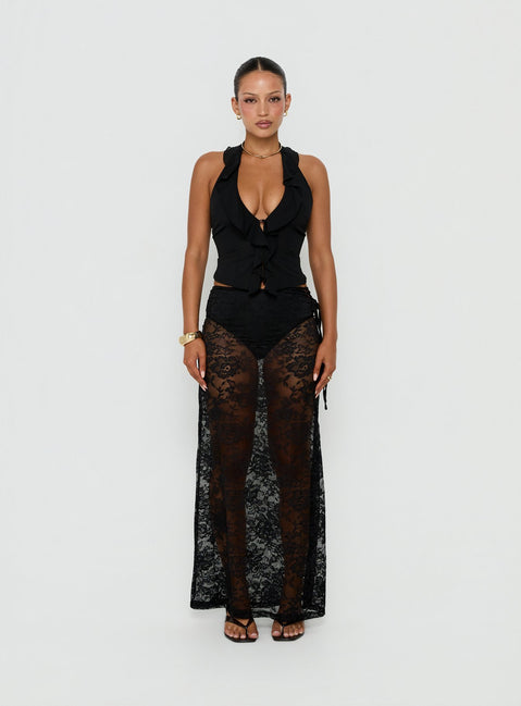 Showcasing the Marenya Lace Maxi Skirt Black womens-skirts in maxi length front view of model wearing Princess Polly