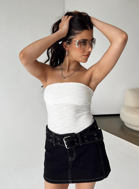 front view of model wearing Princess Polly Makena Strapless Bodysuit White Petite Sleeveless Bodysuit 