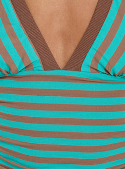 Eleanorre Batwing V Neck Top Blue / Brown Stripe