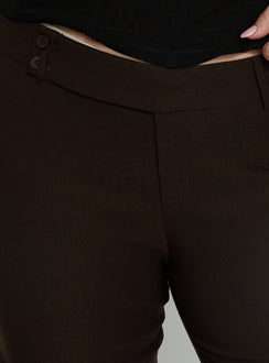 back view of model wearing Princess Polly Kinkirk Flared Pants Chocolate Curve Mid Rise Pants Pants 