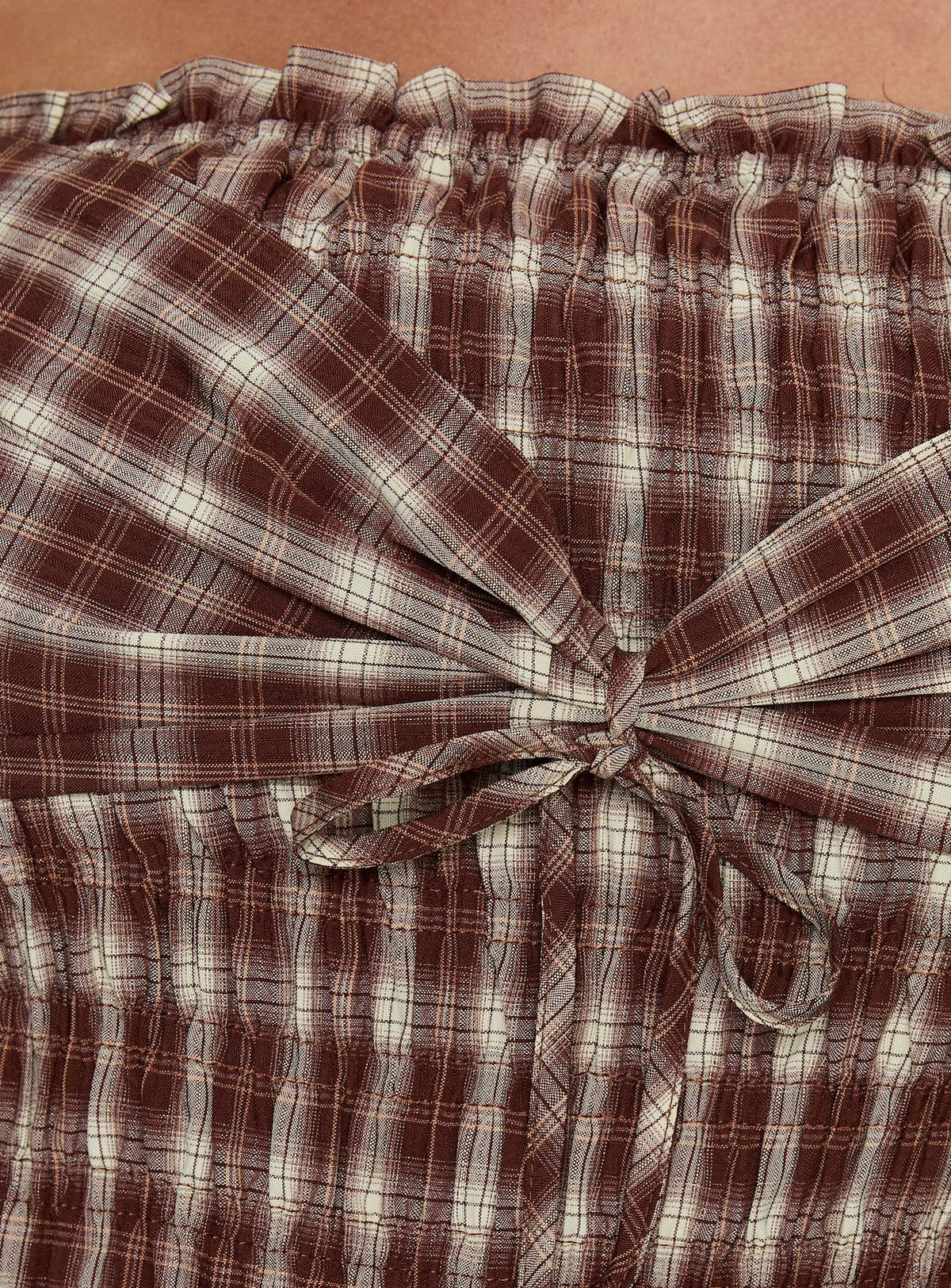 Avalynn Off Shoulder Shirred Top Brown Check Curve