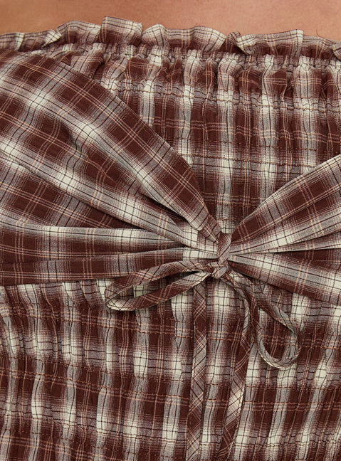 Avalynn Off Shoulder Shirred Top Brown Check Curve