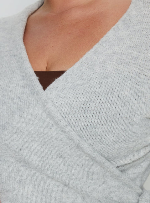 Close-up of the Tonee Wrap Knit Cardigan Grey Curve in a short length womens jumper with v-neck and oversized fit product Princess Polly