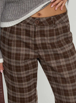 side view of model wearing Princess Polly Emiroki Straight Leg Pants Brown Check Mid Rise Pants Pants 