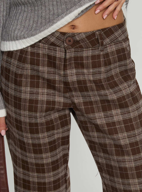 side view of model wearing Princess Polly Emiroki Straight Leg Pants Brown Check Mid Rise Pants Pants 