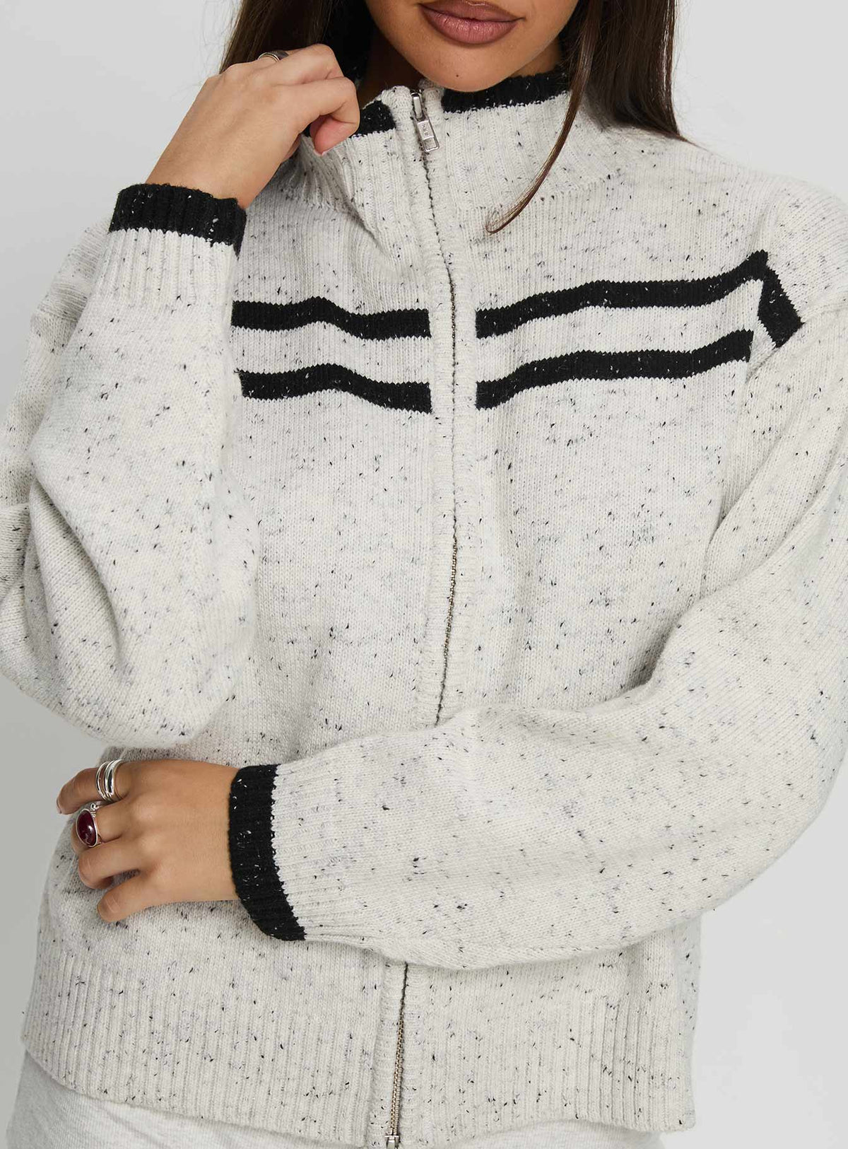 back view of model wearing Princess Polly Overstayed Zip Through Cardigan Grey Jumpers 