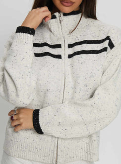 back view of model wearing Princess Polly Overstayed Zip Through Cardigan Grey Jumpers 
