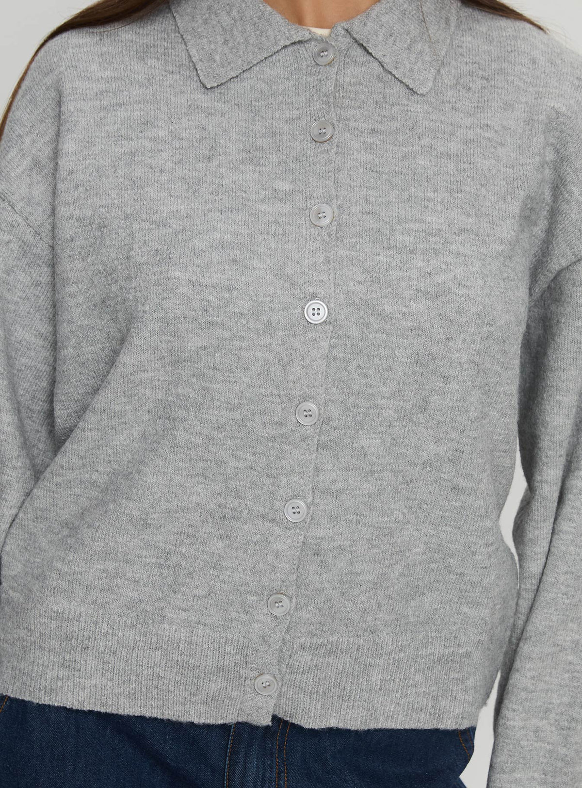 back view of model wearing Princess Polly Nadyna Collared Cardigan Grey Marle Jumpers 