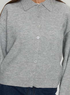 back view of model wearing Princess Polly Nadyna Collared Cardigan Grey Marle Jumpers 