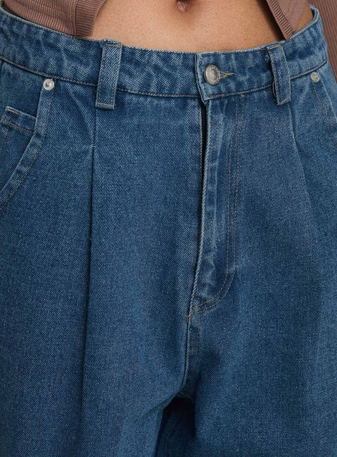 product Princess Polly Forestier Mid Rise Barrel Leg Pin Tuck Jeans Mid Blue High Rise Jeans Jeans 