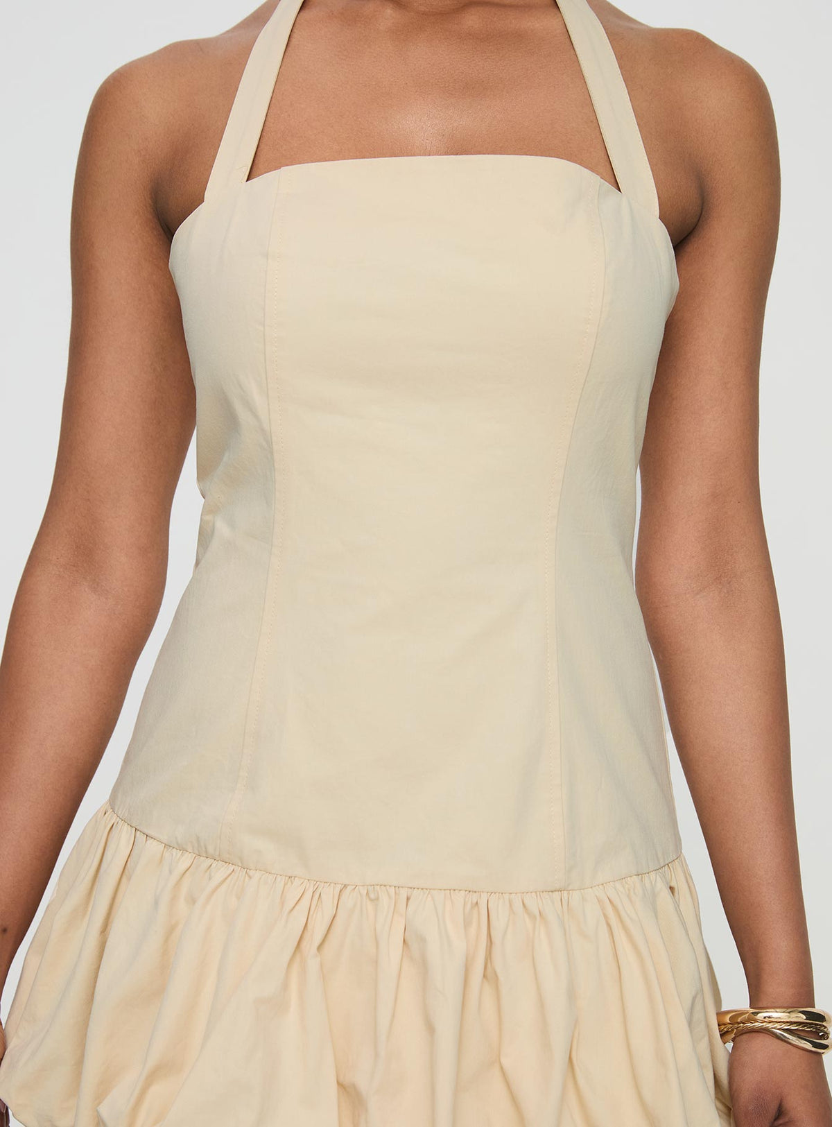 back view of model wearing Princess Polly Sofia Mini Dress Cornsilk Square Neck 
