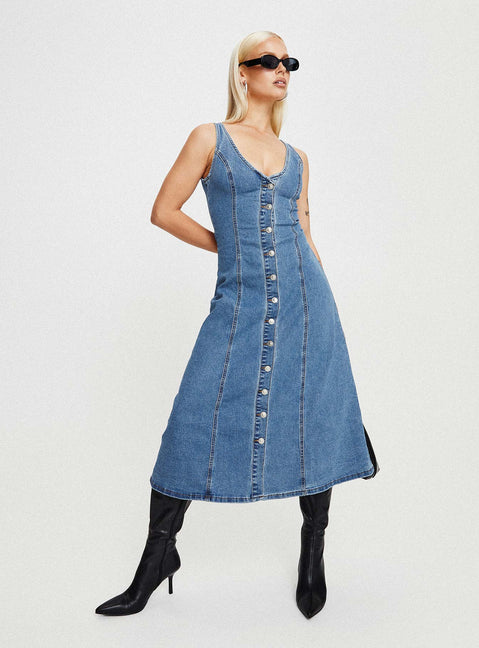 Front view of model wearing  front Princess Polly V-Neck  Midler Denim Midi Dress Mid Blue