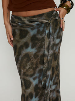 back view of model wearing Princess Polly Caviar Tie Maxi Skirt Leopard Skirts 