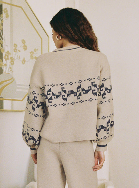 back view of model wearing Princess Polly Alpine Sweater Cream / Blue regular Jumpers 