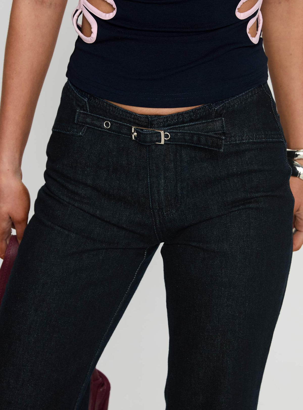 Slow Ride Mid Rise Bootleg Belted Jeans Dark Indigo Blue Mid Rise Jeans Jeans 