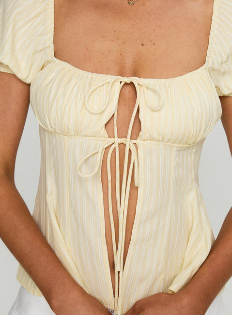 back view of model wearing Princess Polly How To Fly Tie Detail Top Yellow Short Sleeves Square Neck 