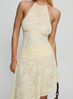 Emmalie Lace Asymmetrical Midi Dress Butter Yellow