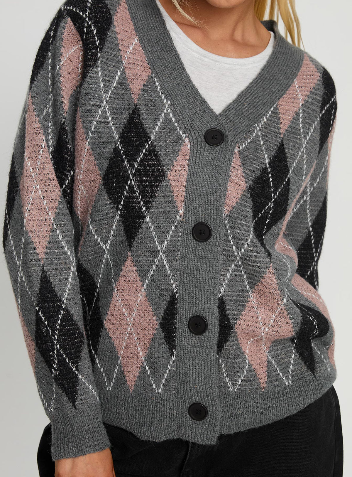 back view of model wearing Princess Polly Zeeva Button Through Knit Cardigan Grey Argyle Longline Jumpers Jumpers 