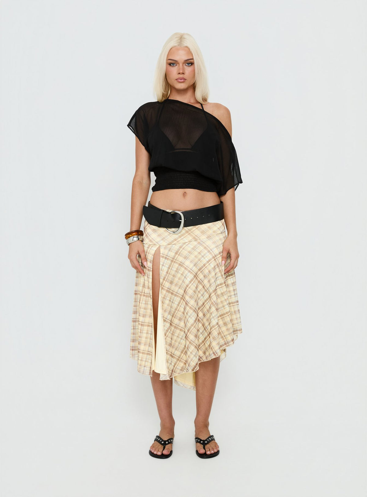   front view of model wearing Princess Polly Dulciana High Split Asymmetrical Midi Skirt Multi Check Midi Skirts Skirts 