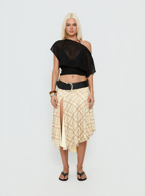   front view of model wearing Princess Polly Dulciana High Split Asymmetrical Midi Skirt Multi Check Midi Skirts Skirts 