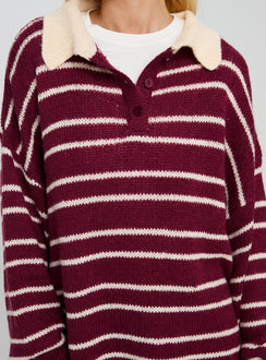Designed with Rising Sun Jersey Crimson womens jumpers featuring long oversized striped v-neck and collar detail product Princess Polly