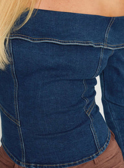 back view of model wearing Princess Polly In The Crowd Off Shoulder Top Dark Denim Full Sleeves straight 