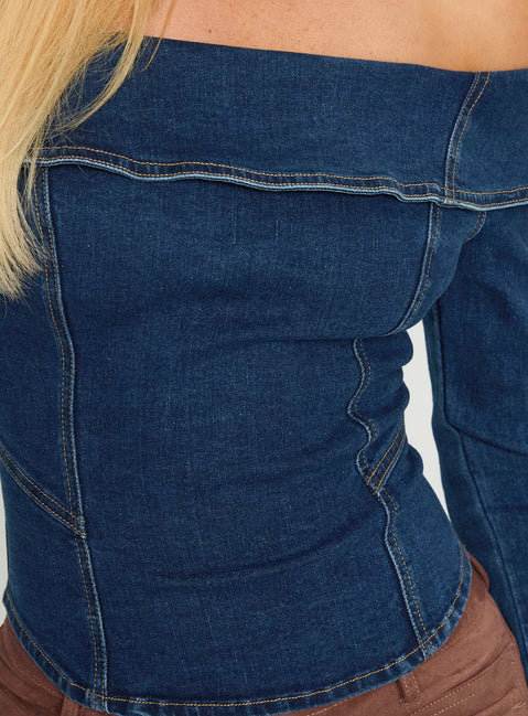 back view of model wearing Princess Polly In The Crowd Off Shoulder Top Dark Denim Full Sleeves straight 