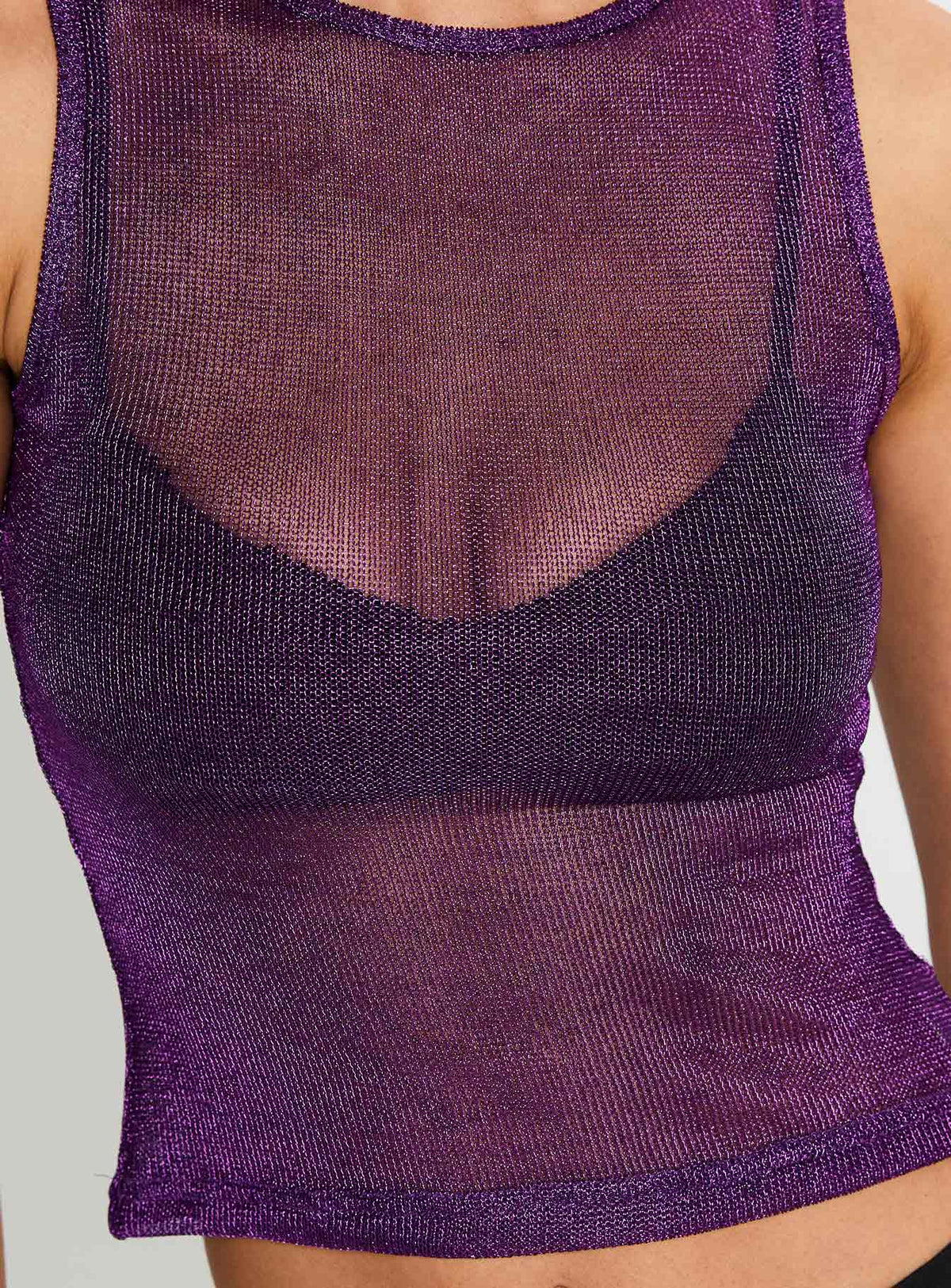 back view of model wearing Princess Polly Perfect Mirage Sheer Top Plum Sleeveless Crew Neck 