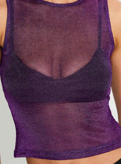 back view of model wearing Princess Polly Perfect Mirage Sheer Top Plum Sleeveless Crew Neck 