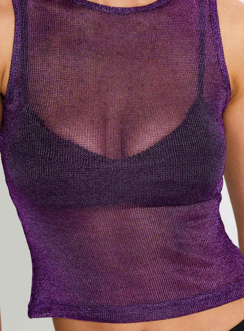 back view of model wearing Princess Polly Perfect Mirage Sheer Top Plum Sleeveless Crew Neck 